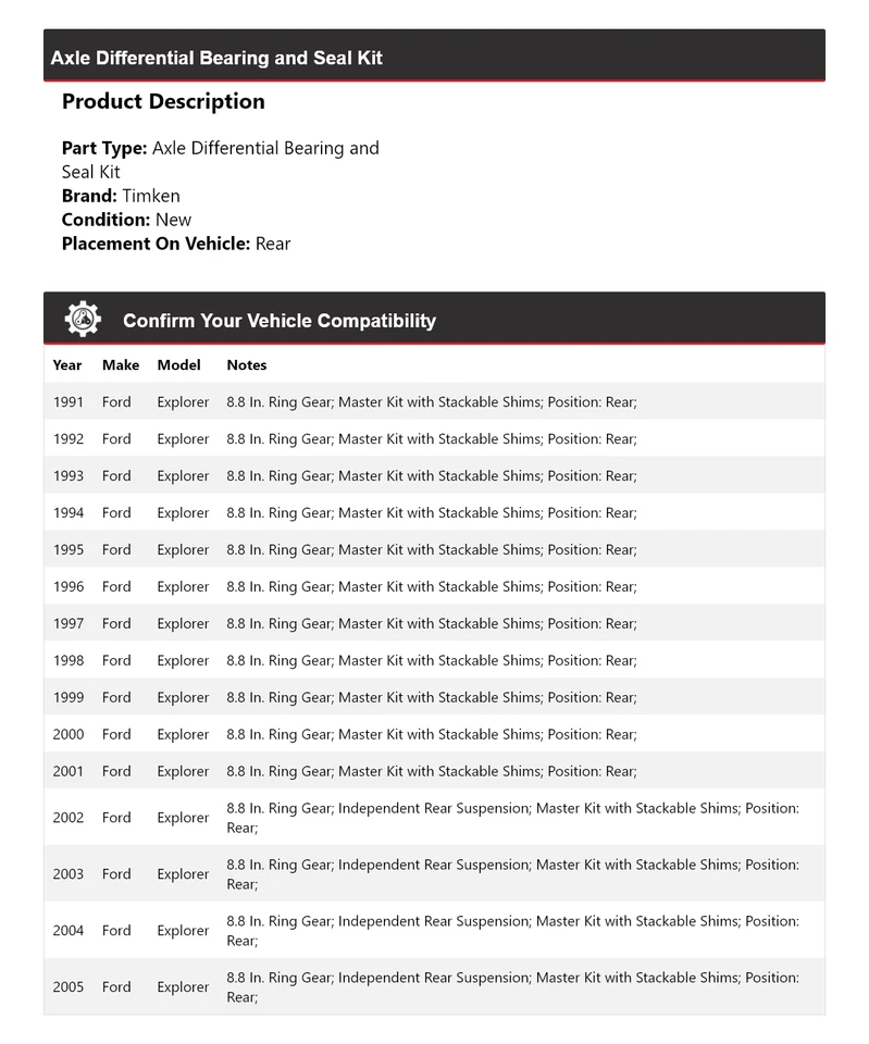 Kit de cojinete y sello diferencial eje trasero Timken para Ford Explorer 1991-2005 Foto 2 de 3