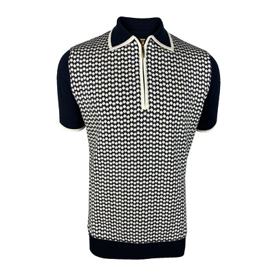 Vintage Herren Polo-Shirt Dunkelblau-Weiß Strick Polo Baumwolle Retro Mode Neu