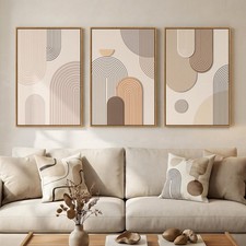 3 Piece Framed Neutral Boho Wall Art for Living Room, Large Minimalist Abstra...