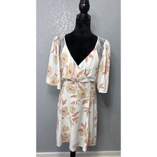 Miss Me Large Floral Faux Wrap Mini Dress Lace Yoke Keyhole Back Boho Cottage