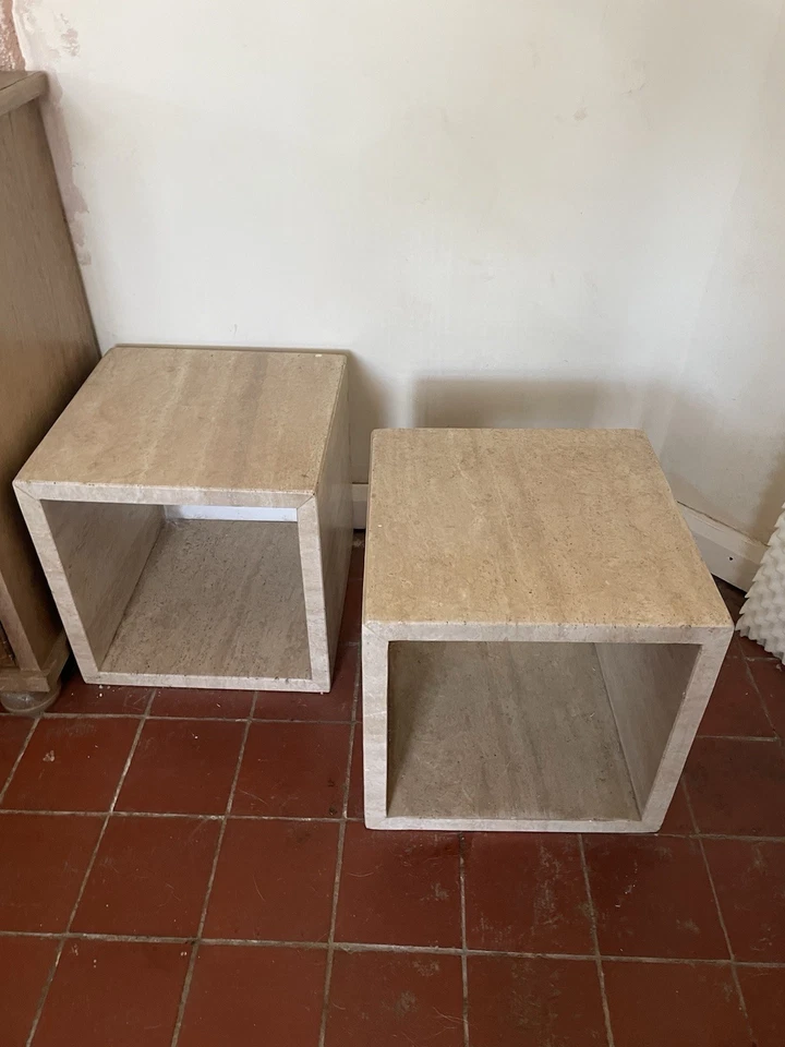 Travertine 100% Solid Marble Side Tables x2 Cube Shaped - Image 2 of 4