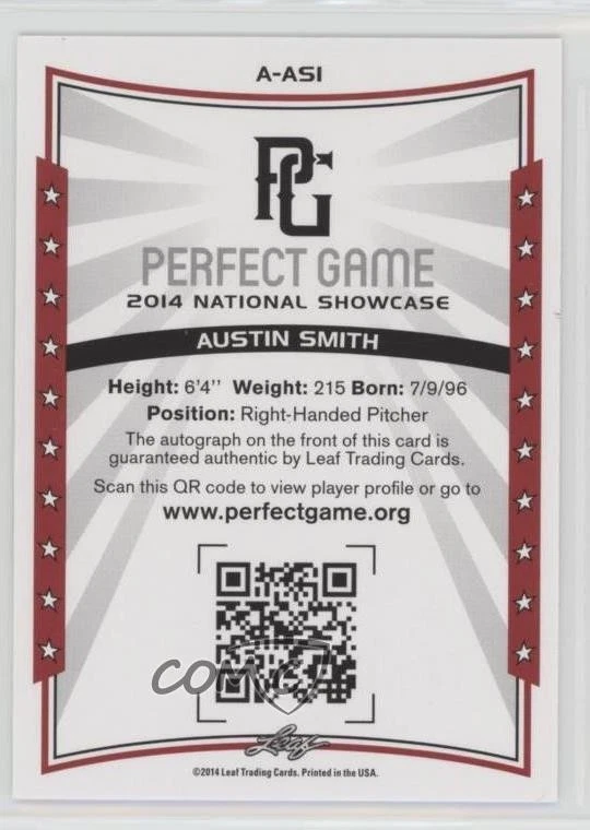 2014 Leaf Perfect Game Showcase Auto Red /5 Austin Smith #A-AS1 Auto - Image 2 of 2