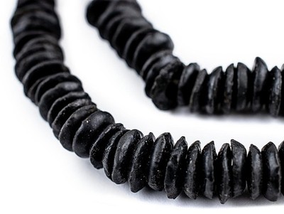 Midnight Black Ashanti Glass Saucer Beads 10mm Ghana African Large Hole Handmade