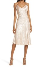 Lulus Calla Love Floral Jacquard Satin Slipdress in Champagne, Size Medium