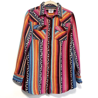 Crazy Train Cowgirl Southwestern Print Snap Button Up Shirt Long Sleeves Medium