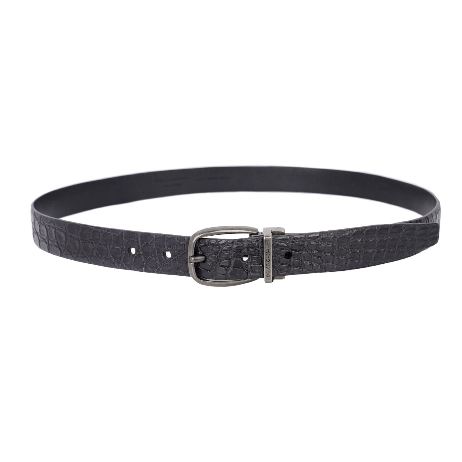 DOLCE & GABBANA DG Logo Gun Metal Buckle Croco Leather Belt Black 90 36
