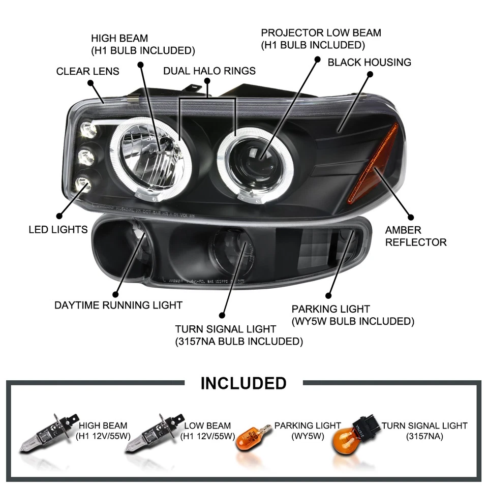 Fits 2000-2006 GMC Yukon Denali Black LED Halo Projector Headlights+Bumper Lamps Foto 3 de 4