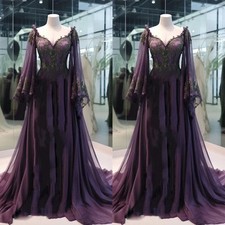 Purple Gothic Wedding Dresses Long Sleeves V Neck Lace Appliques Bridal Gowns