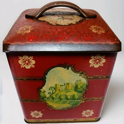 VTG RED & GOLD TIN SQUARE METAL TEA CADDY CASTLES FLOWERS