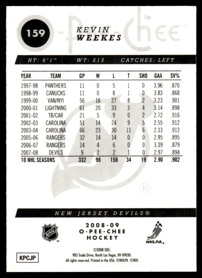 2008-09 O-Pee-Chee Metal Kevin Weekes New Jersey Devils #159 - Image 2 of 2
