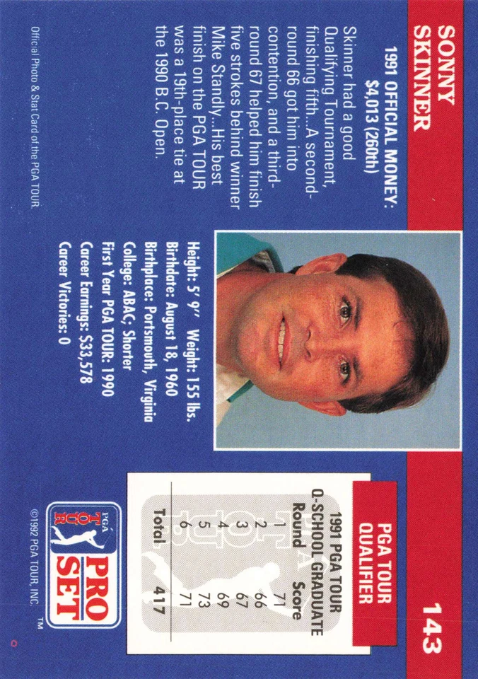 Sonny Skinner #143 1992 Pro Set PGA Tour Golf - Image 2 of 2