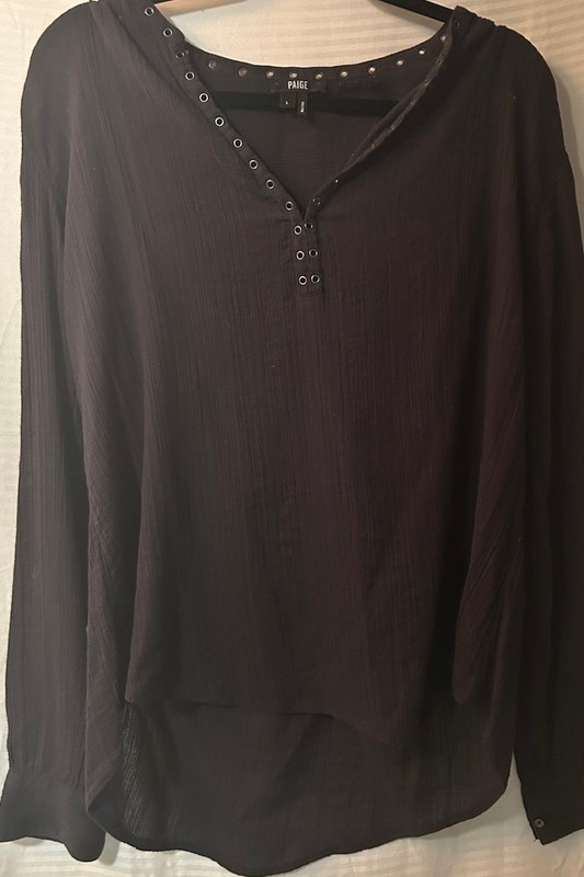 PAIGE Women's Black 100% Cotton Woven V-Neck Grommet Long Sleeve Blouse L