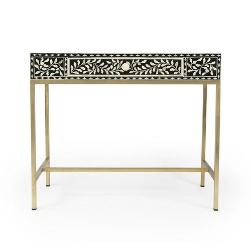 Perilla  Bone Inlay Writing Desk, Black and White, Gold - Picture 11 of 12