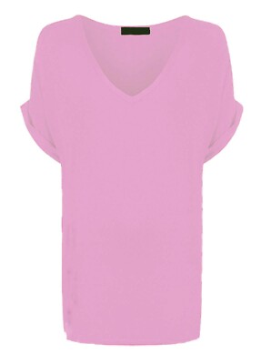 Damen Baggy Oversize Fit V-Ausschnitt Turn Up Ärmel Top Locker Fledermaus T-Shirt Top 