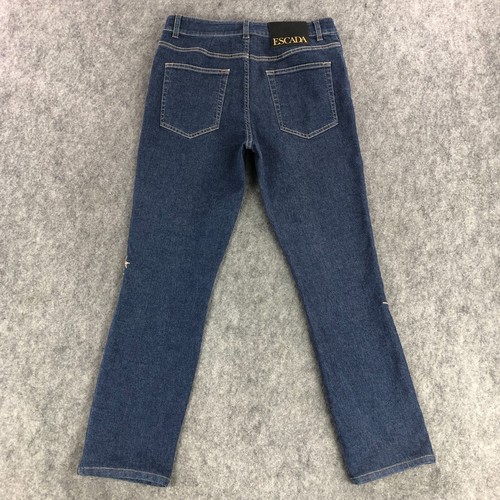 Escada Jeans 40 (US Size 10) Blue Straight Leg High Rise Gold Roses Rhinestones - Picture 2 of 16