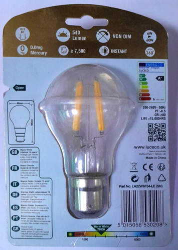 1x 6W (=60W) LED GLS A60 Ampoule, BC, B22, Douille Baïonnette, 2700K Lampes - Photo 2 sur 2