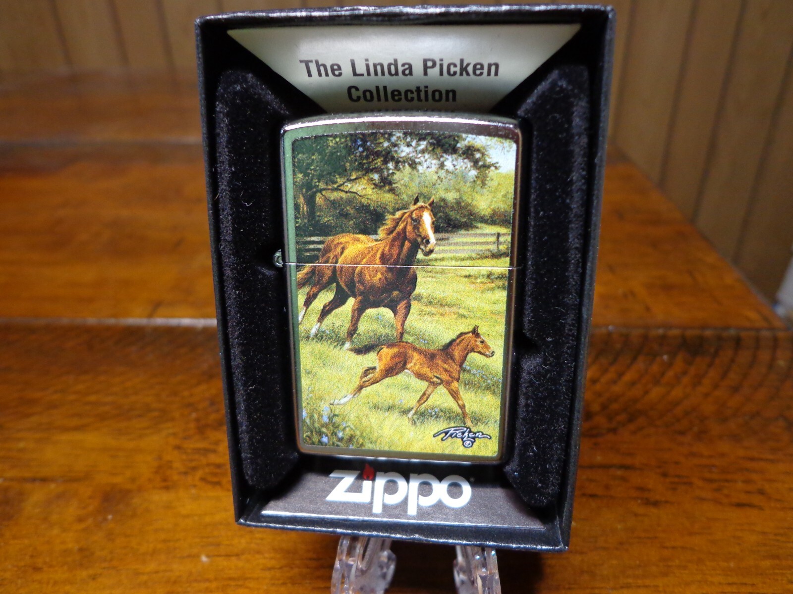 LINDA PICKEN MARE AND COLT HORSES RUNNING ZIPPO LIGHTER MINT IN BOX