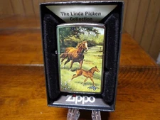 LINDA PICKEN MARE AND COLT HORSES RUNNING ZIPPO LIGHTER MINT IN BOX