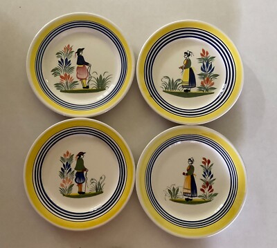 4 Salad Plates 9'' Henriot QUIMPER France #12 Breton Man & Lady Vintage Faience