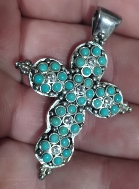 BARSE Signed 925 Sterling Silver Turquoise Cluster Cross Pendant 17.4 Grams 2