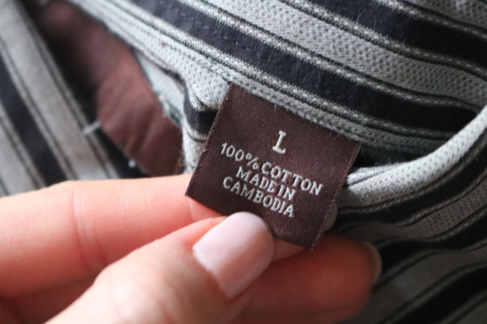 Camisa de hombre Perry Ellis a rayas con botones 100 % algodón gris/negro talla L Foto 3 de 4