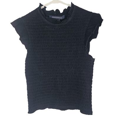 French Connection Top Women XS Black Smocked Top Shirred Top Perinne Cotton 