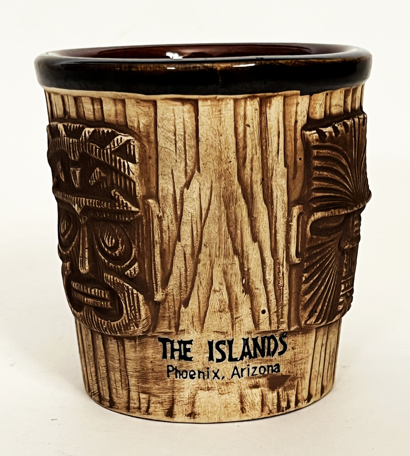 VTG 3 FACES BROWN TIKI MASK PLANTER BUCKET MUG CUP ISLANDS PHOENIX AZ OMC JAPAN