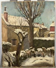Oil French School Early 20th Signed: Landscape Snow post-Impressionism