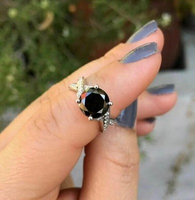 925 Sterling Silver 2.1Ct Carbon Black Round Diamond Ring Engagement Bridal