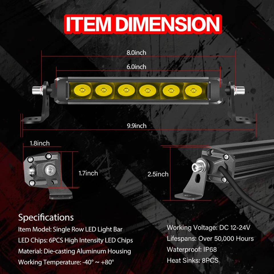 2x 6/8" Yellow LED Light Bars Single Row Fog Work Driving Truck UTV ATV SUV Boat Foto 2 de 4