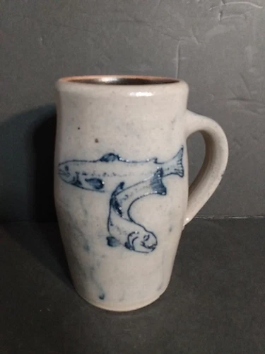 Rockdale Union Pottery Stoneware Salt Glaze Fish Salmon 6.25" Crock Mug RARE MUG