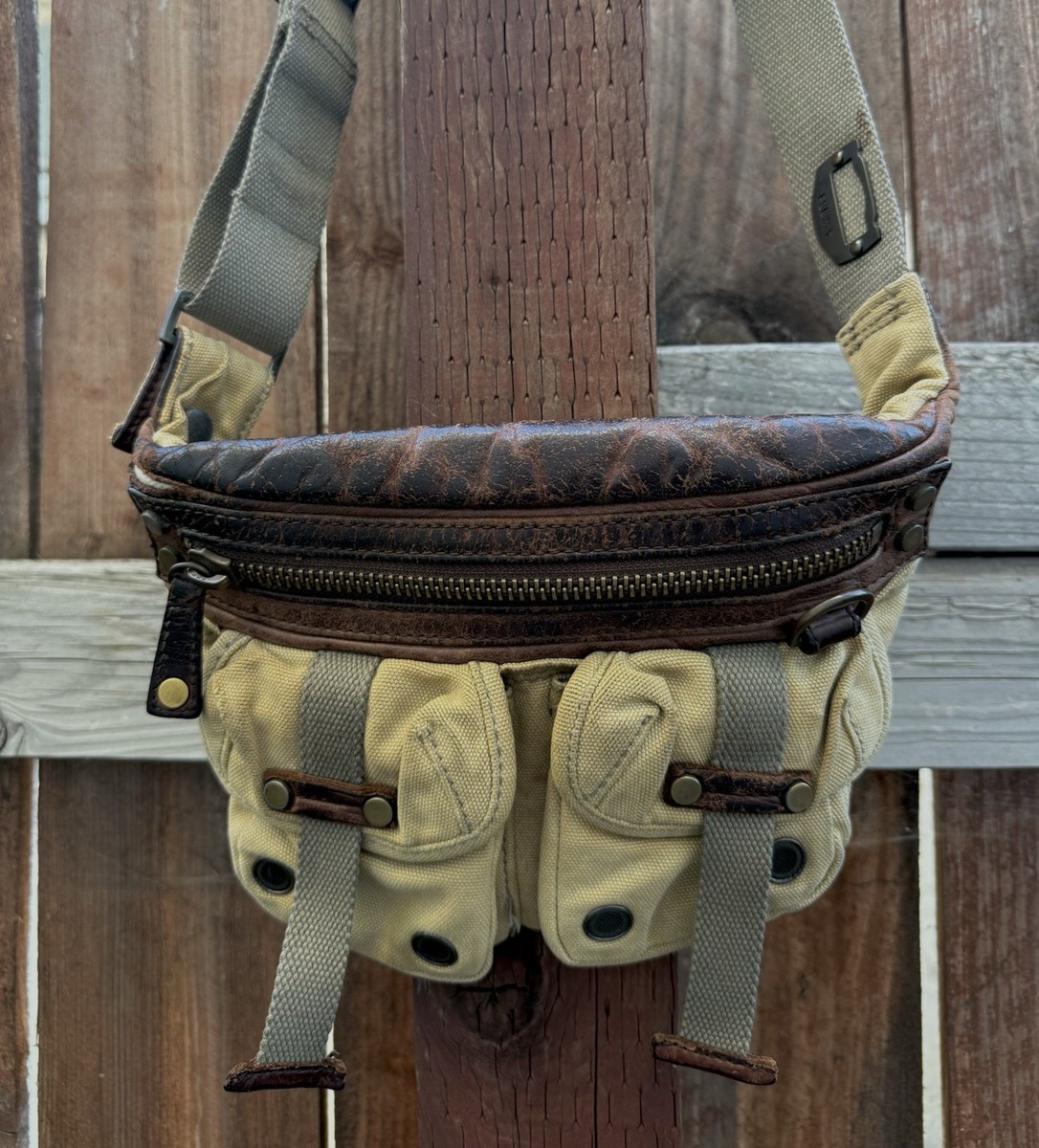 Vintage Diesel Canvas & Leather Crossbody Bag Beige Brown MO-36060
