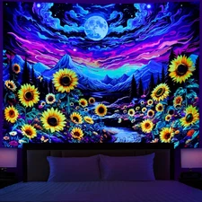 Blacklight Moon Sunflower Tapestry Starry Night Mountian UV Reactive Wall Hangin