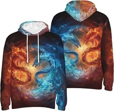 Yin Yang Dragon Hoodie Gothic Fantasy Pullover Sweatshirt with Fire Ice