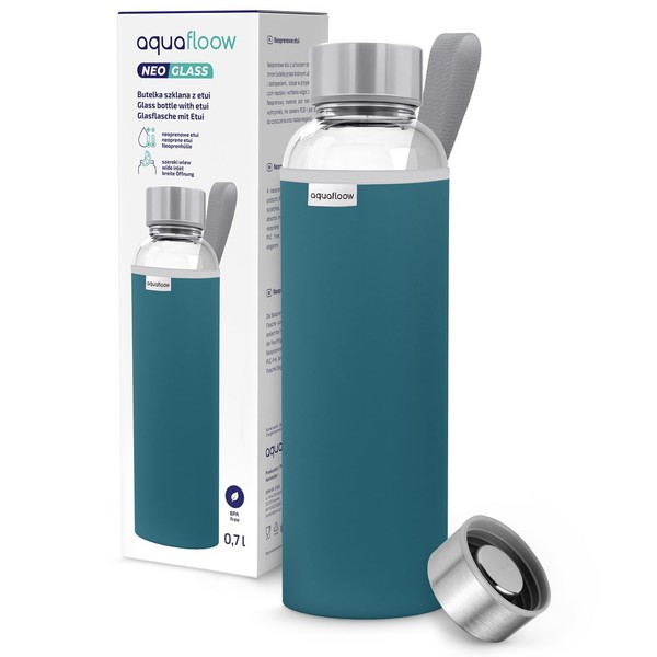 Aquafloow Glas Wasserflasche 700 Ml NeoprenhüLle Bambusdeckel BüRo Outdoor Blau-image