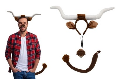 Adult Texas Longhorn Bull Cow Ears Horn Headband Tail Nose Costume Accessory Set