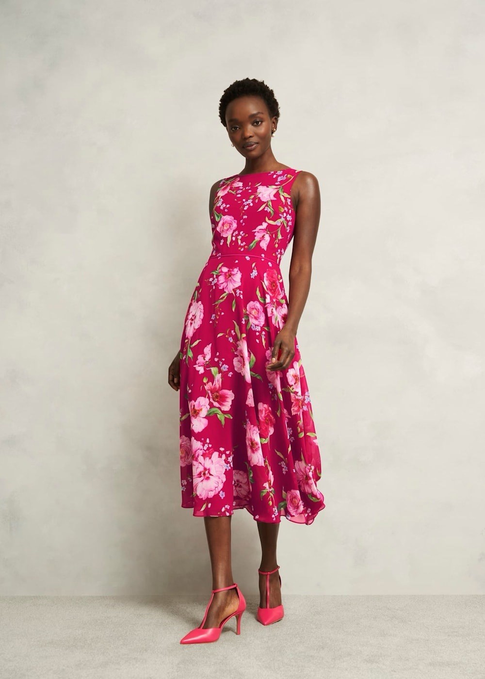 Hobbs Petite Beautiful Floral Pink Carly Midi Dress Size 10 RRP £169