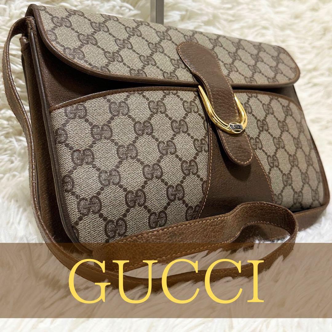 Vintage Gucci GG Leather Shoulder Pochette Bag Gold Rare Pre-Owned