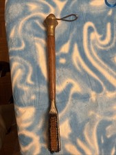 vntg combo shoe brush and shoe horn with a brass dog head handle wooden shaft