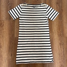 J.Crew Striped Boatneck Mini Dress XS Black White Gold Button Shoulder Cotton