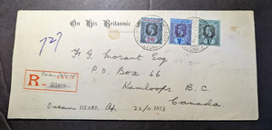 1913 Registered Gilbert and Ellice Islands Cover Ocean Island to Kamloops Canada