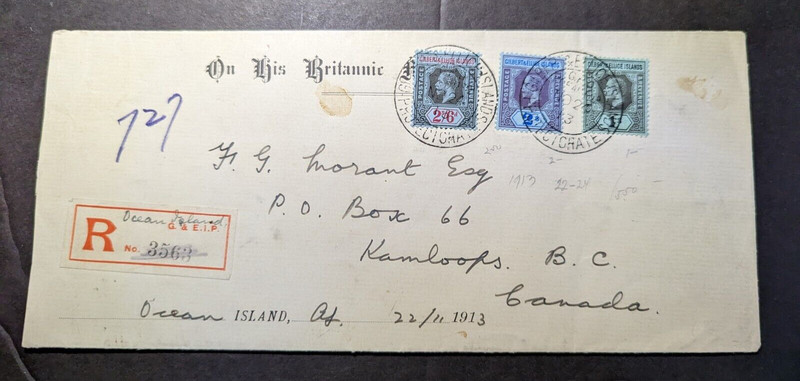 1913 Registered Gilbert and Ellice Islands Cover Ocean Island to Kamloops Canada