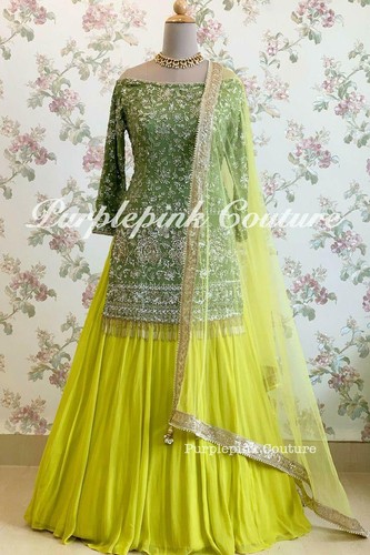 Green Georgette Kurti Lehenga Dress 