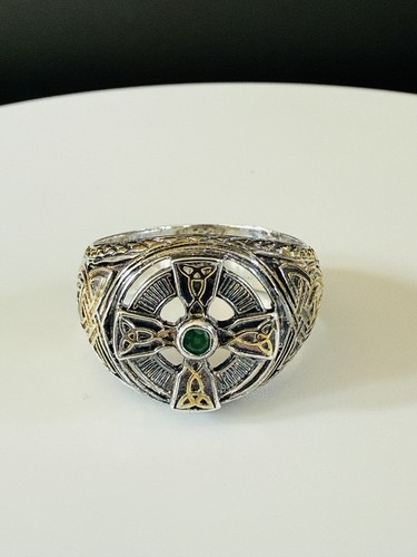 Sterling Silver Gold Plate Emerald Celtic Cross Men's Ring Franklin Mint Size 14 - Picture 2 of 8