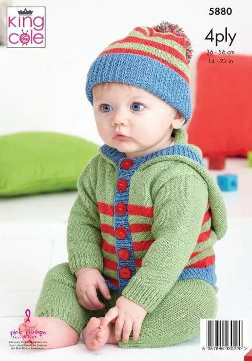 King Cole Baby 4 Ply Knitting Pattern - 5880 Sweater, Hoodie,Trousers & Hat - Image 3