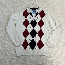 Tommy Hilfiger Boys Beige Red  Blue Knit Argyle 3/4 Zip Sweater Size Large NWT