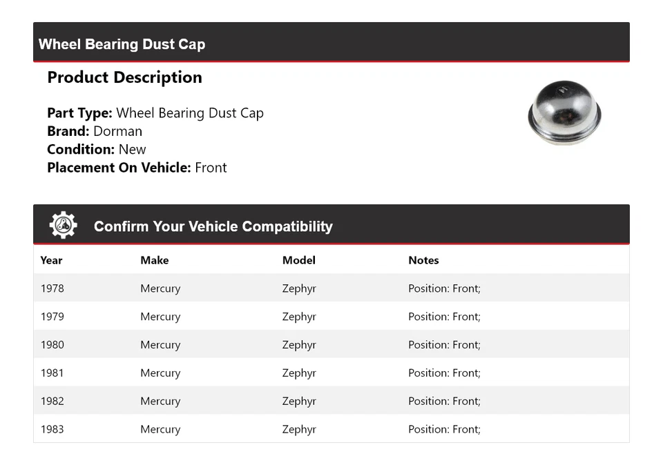 For 1978-1983 Mercury Zephyr Dorman Wheel Bearing Dust Cap Front 1979 1980 1981 - Image 2 of 4