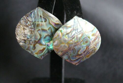 Vintage TBM Taxco Mexico Hand-Carved Abalone LEAF Sterling Screw Back  Earrings