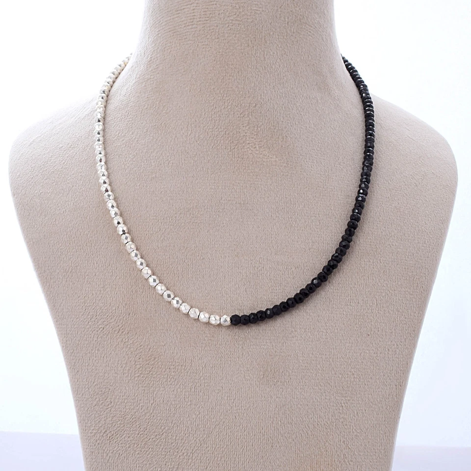 Collana In Argento 925 Con Perle Di Pirite Naturale E Spinello Nero Da 4Mm 18" - Immagine 3 di 4