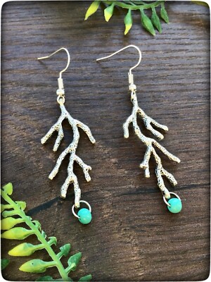 NEU Silber Farbe Blau Boho Bohemian Baum Zweig Tropfen Hänger Handarbeit Ohrringe